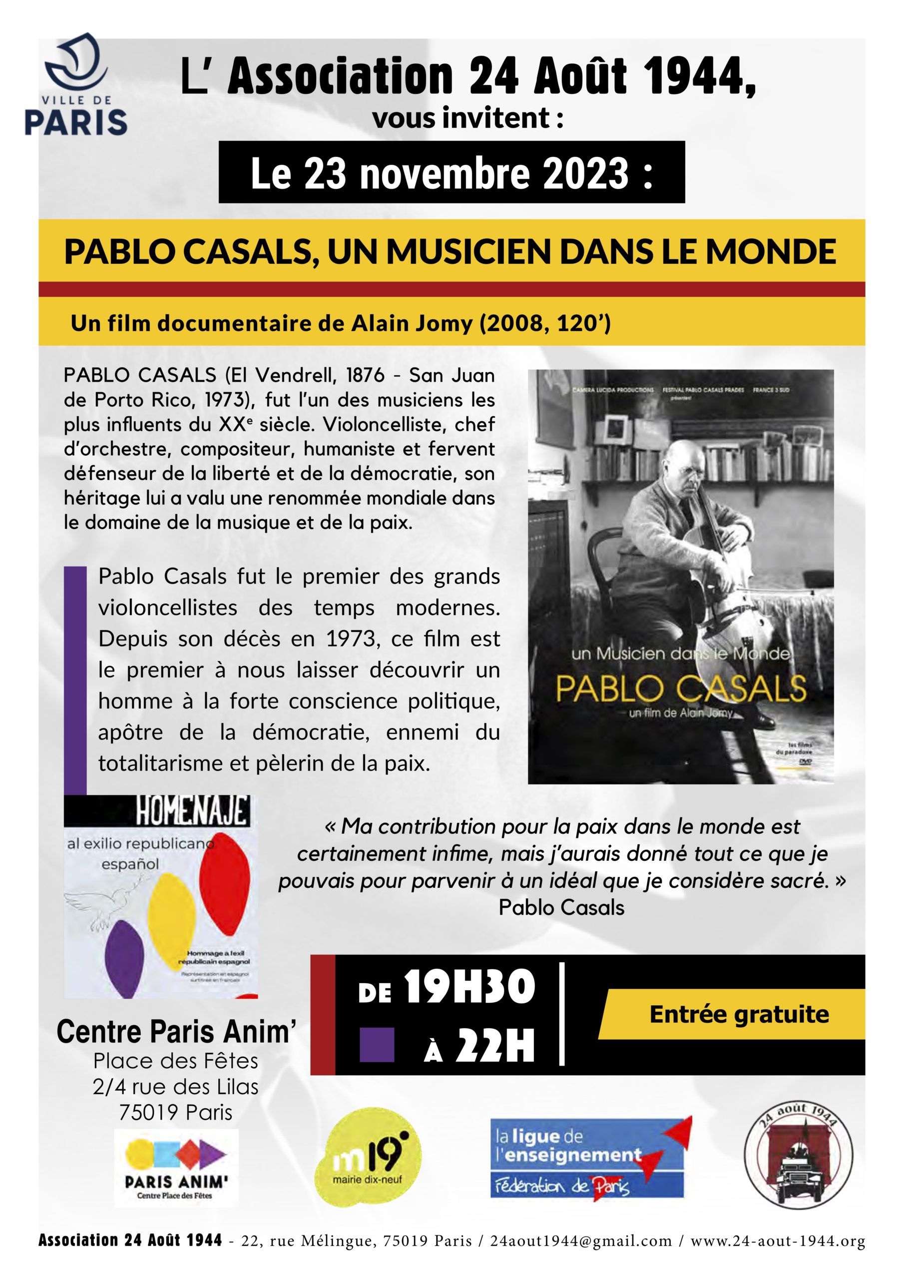 Documentaire Pau Casals un musicien dans le monde le 23/11/2023