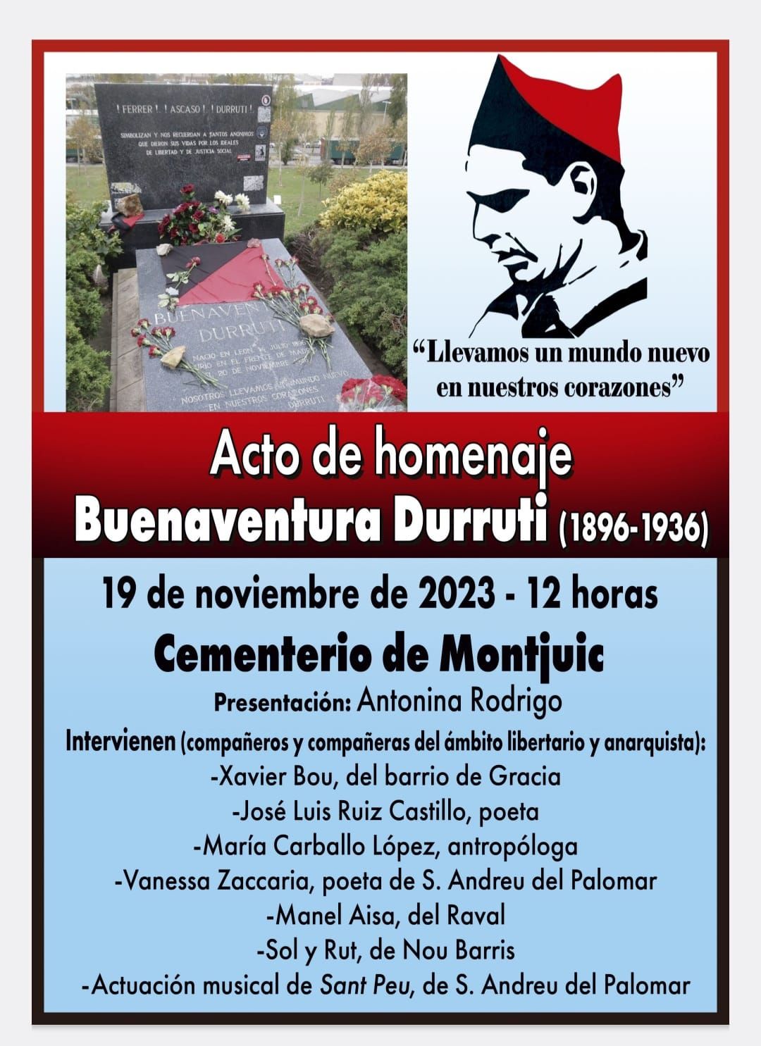 Homenaje à Durruti 19 de Noviembre a las 12h Cementerio de Montjuic Barcelona